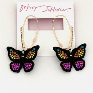 Betsey Johnson Drop Pavé Butterfly Earrings Black Multicolor Crystals Gold Tone